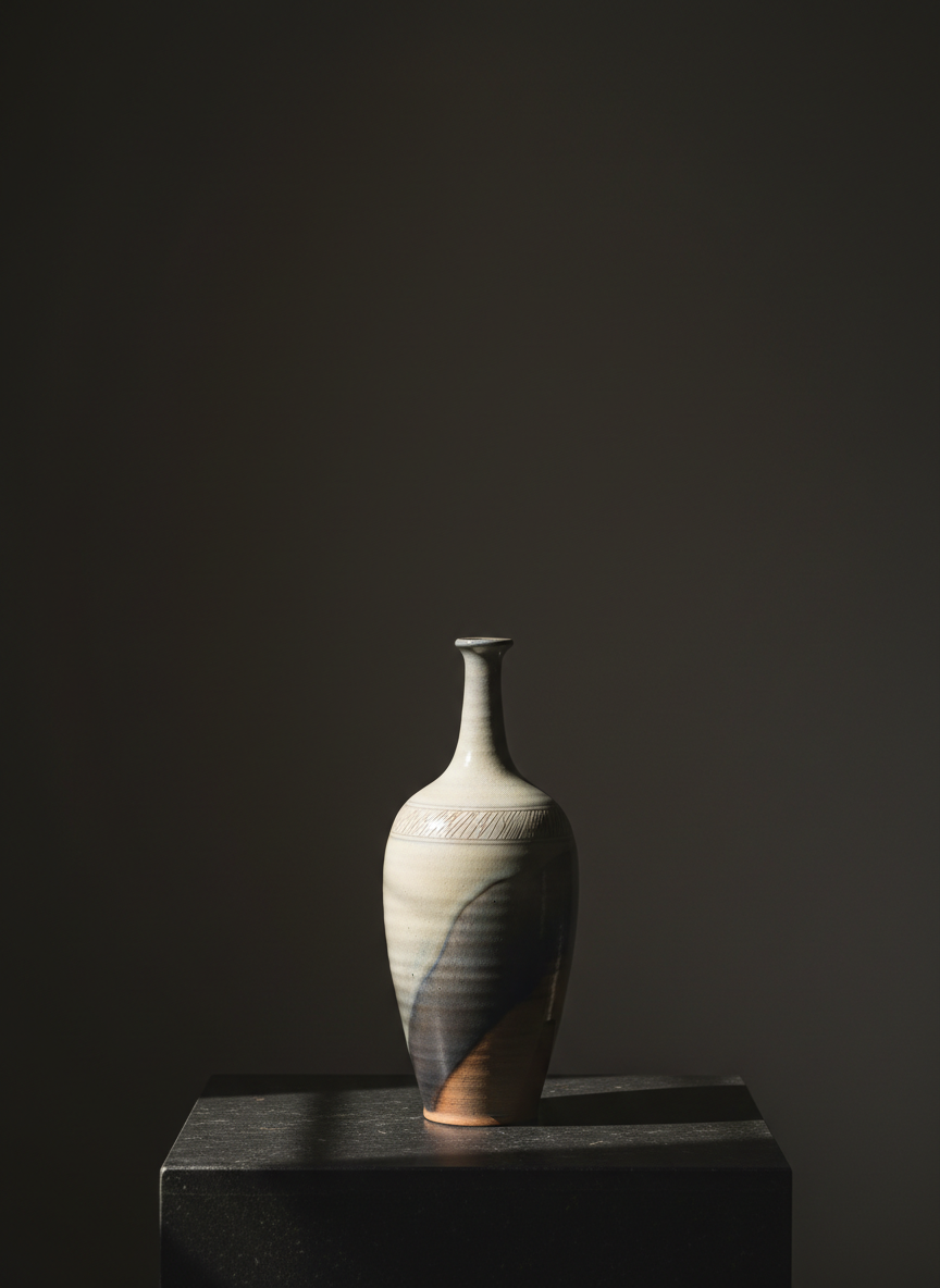 A refined still life of a single tall ceramic vessel by Mira, its form slightly tapering with a narrow opening and a subtle, hand-carved linear pattern circling the body. The glaze is a layered mix of warm ivory and translucent grey, allowing hints of the clay body to show through. The vessel stands centered on a dark, smooth stone surface that contrasts with its light tones. A narrow beam of soft, directional light from the left creates a dramatic but gentle chiaroscuro effect, with one side illuminated and the other in soft shadow. Photographic realism with a contemplative, almost museum-like mood, composed vertically with extra negative space above to enhance its presence.