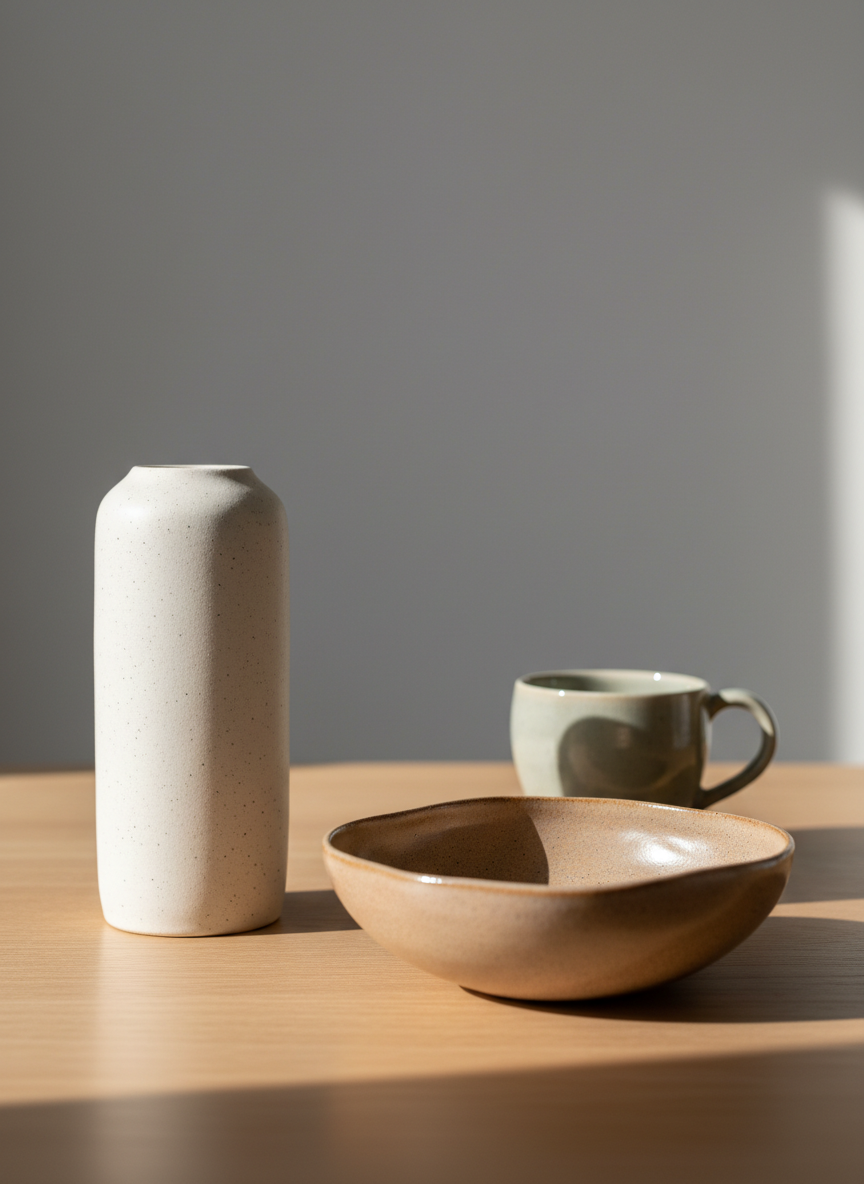 A carefully arranged selection of handmade ceramic pieces by Mira, including a tall minimalist vase, a shallow sculptural bowl and a delicately curved cup, all in soft off-white and muted earthy glazes with subtle speckles. They rest on a smooth, pale wooden table against a simple light grey wall. Gentle natural daylight from the left creates refined highlights on the glossy and satin glazes, revealing slight irregularities and throwing soft shadows. Photographic realism with a calm, sophisticated mood, shot at eye level with a shallow depth of field so the foremost vase is in crisp focus and the background gradually blurs, emphasizing craftsmanship, form and texture without any distractions.
