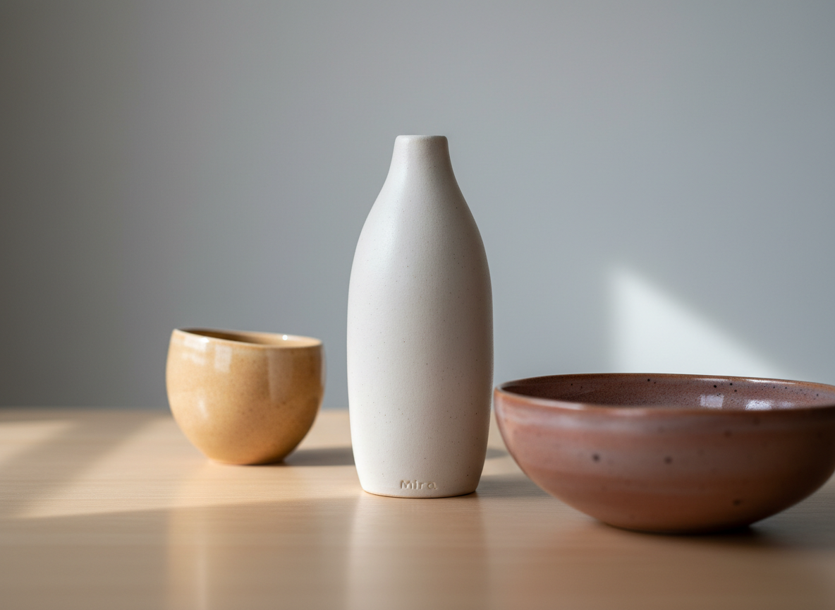A carefully arranged selection of handmade ceramic pieces by Mira, including a tall minimalist vase, a shallow sculptural bowl and a delicately curved cup, all in soft off-white and muted earthy glazes with subtle speckles. They rest on a smooth, pale wooden table against a simple light grey wall. Gentle natural daylight from the left creates refined highlights on the glossy and satin glazes, revealing slight irregularities and throwing soft shadows. Photographic realism with a calm, sophisticated mood, shot at eye level with a shallow depth of field so the foremost vase is in crisp focus and the background gradually blurs, emphasizing craftsmanship, form and texture without any distractions.