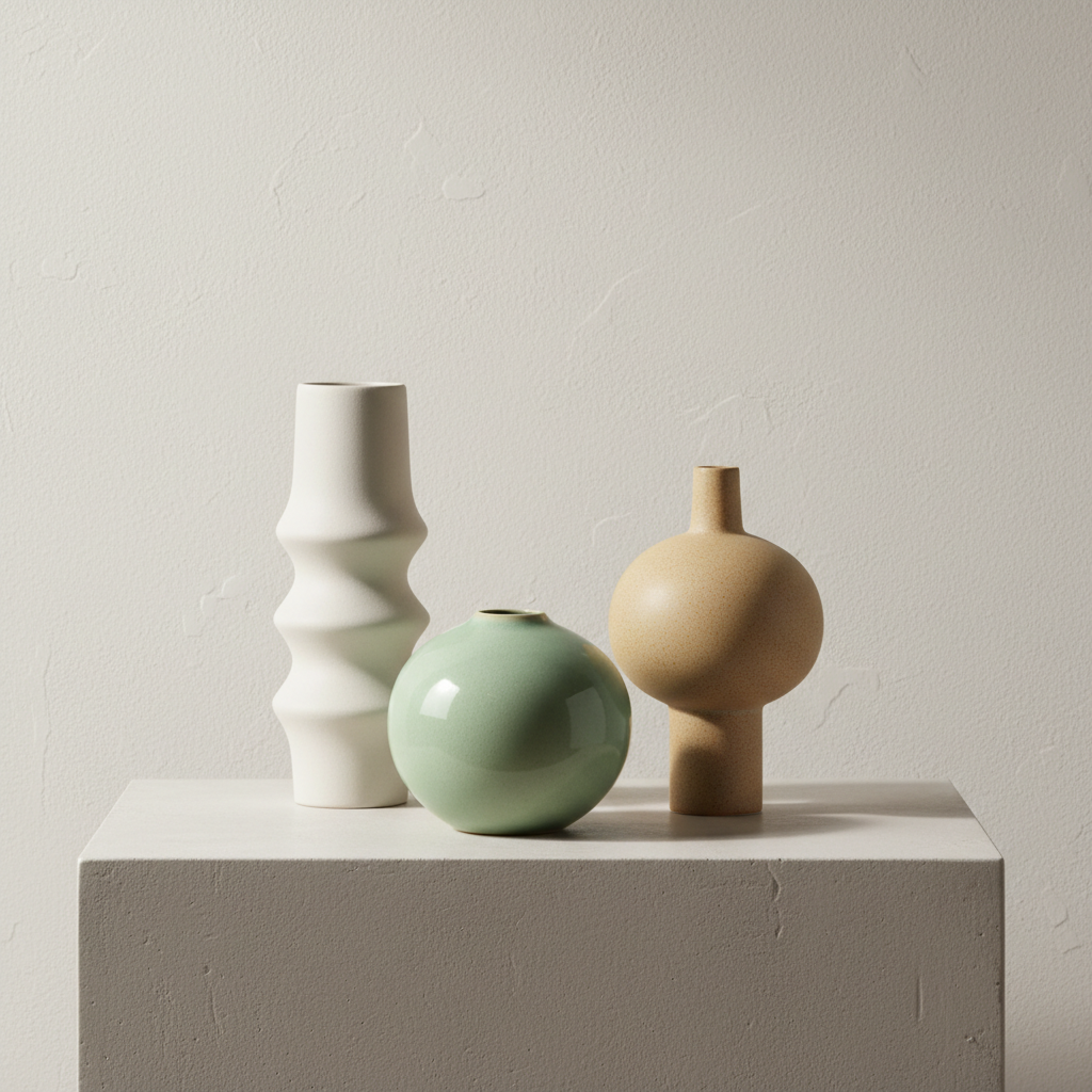 A minimal product-style scene featuring a collection of three Mira ceramic vases of varying heights, each with refined, sculptural silhouettes. One is tall and slender with a matte chalk-white surface, another is rounded with a soft celadon glaze, and the third has a narrow neck and a warm, sandy speckled finish. They stand on a smooth light concrete plinth against a softly textured off-white wall. Gentle studio lighting from above and slightly to the right creates subtle gradients and crisp, delicate shadows that emphasize the curves. Photographic realism with a clean, gallery-like mood, shot straight-on at eye level using the rule of thirds, leaving negative space around the pieces to feel sophisticated and contemporary.