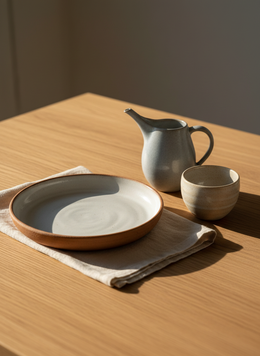 A detailed tabletop composition of Mira’s everyday-use ceramics: a low, wide plate with a milky white glaze and exposed clay rim, a small pouring jug with a slender spout and soft grey-blue finish, and a gently curved cup with visible throwing rings. They are arranged on a natural oak table, accompanied only by a folded flax linen napkin for context. Warm late-afternoon sunlight filters in from the right, creating elongated shadows and highlighting the slight variations in glaze thickness. Photographic realism with a warm yet understated atmosphere, captured from a slightly elevated angle with shallow depth of field, foreground elements sharply defined and the distant table surface fading into a smooth, unobtrusive blur.