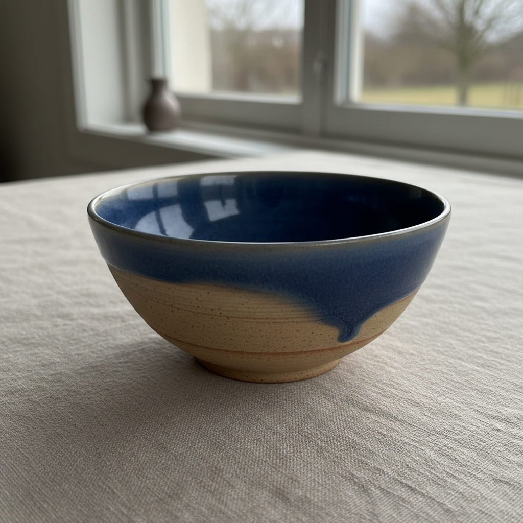 An elegant close-up of a single hand-thrown ceramic bowl by Mira, with a thin, slightly irregular rim and a satin glaze that transitions from warm sand at the base to deep midnight blue pooling in the interior. The bowl sits on a linen-covered table in a neutral beige tone, near a large window. Soft overcast daylight reveals the fine throwing lines, tiny iron spots in the clay and subtle glaze runs. The mood is contemplative and refined. Photographic realism, shot from a slightly elevated angle with an intimate composition that fills most of the frame, background softly blurred to highlight the bowl’s texture and meticulous craftsmanship.