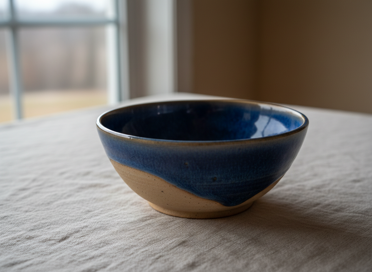 An elegant close-up of a single hand-thrown ceramic bowl by Mira, with a thin, slightly irregular rim and a satin glaze that transitions from warm sand at the base to deep midnight blue pooling in the interior. The bowl sits on a linen-covered table in a neutral beige tone, near a large window. Soft overcast daylight reveals the fine throwing lines, tiny iron spots in the clay and subtle glaze runs. The mood is contemplative and refined. Photographic realism, shot from a slightly elevated angle with an intimate composition that fills most of the frame, background softly blurred to highlight the bowl’s texture and meticulous craftsmanship.