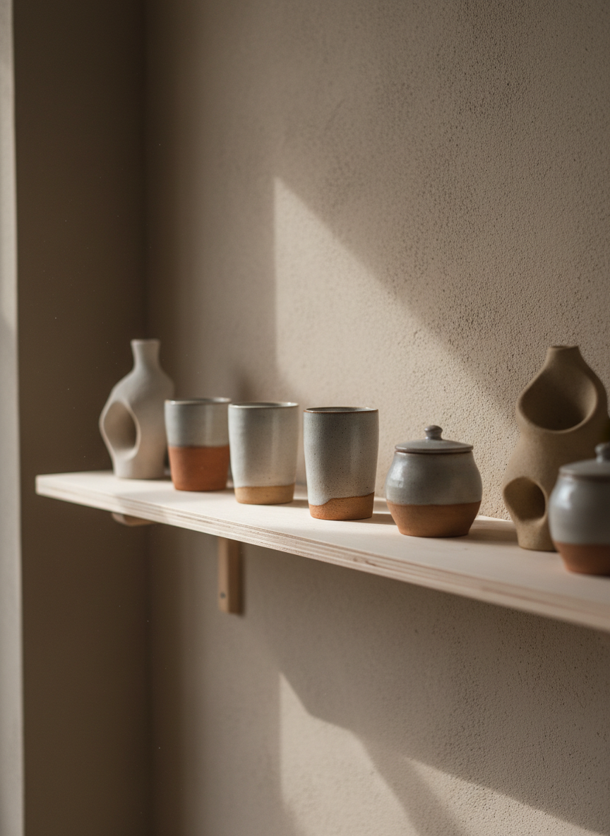 An atmospheric view of a display shelf in Mira’s studio, showing an orderly row of handcrafted ceramic pieces: cylindrical cups, small lidded jars and a few asymmetric sculptural objects. The shelf is made of pale, untreated wood mounted on a muted plaster wall. The ceramics feature a restrained palette of whites, greys and soft earth tones, with varied surface treatments from matte to gently glossy. Natural side light from an unseen window creates delicate highlights on edges and emphasizes textures, while casting soft gradients of shadow on the wall behind. Photographic realism, shot from a slightly oblique angle with moderate depth of field, evoking the quiet elegance of a small gallery presentation.
