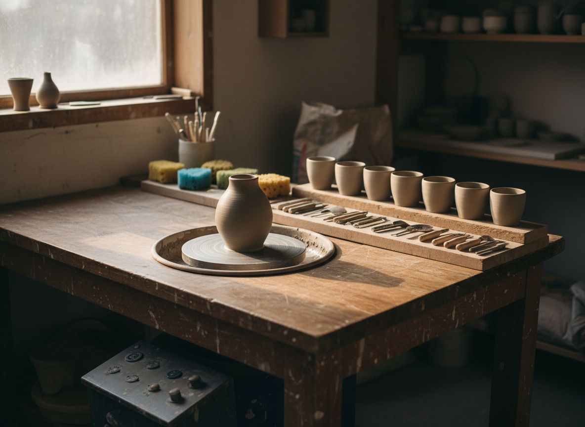 A serene corner of Mira’s ceramic studio showing a sturdy wooden workbench with a freshly thrown, still-matte stoneware vessel on a pottery wheel. Nearby, several leather-hard cups rest on a wooden board, their surfaces smooth but unglazed. A row of natural sponges, metal ribs and wooden trimming tools is neatly arranged. Diffused daylight streams through a high window, casting gentle, directional light that catches the damp clay and creates soft, elongated shadows. Photographic realism with a quiet, focused atmosphere, shot at a three-quarter angle with moderate depth of field so the wheel and vessel are sharp while the back of the studio fades into a soft blur.