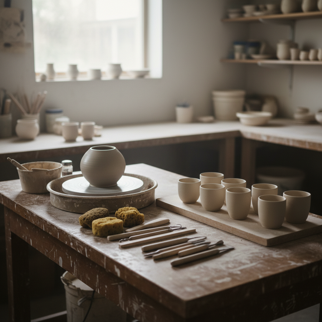 A serene corner of Mira’s ceramic studio showing a sturdy wooden workbench with a freshly thrown, still-matte stoneware vessel on a pottery wheel. Nearby, several leather-hard cups rest on a wooden board, their surfaces smooth but unglazed. A row of natural sponges, metal ribs and wooden trimming tools is neatly arranged. Diffused daylight streams through a high window, casting gentle, directional light that catches the damp clay and creates soft, elongated shadows. Photographic realism with a quiet, focused atmosphere, shot at a three-quarter angle with moderate depth of field so the wheel and vessel are sharp while the back of the studio fades into a soft blur.